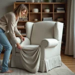 Femme posant une housse stretch sur un fauteuil dans un salon moderne