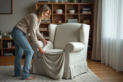 Femme posant une housse stretch sur un fauteuil dans un salon moderne