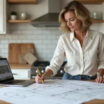 Femme consultant des plans de rénovation maison sur un îlot de cuisine avec laptop et échantillons de matériaux