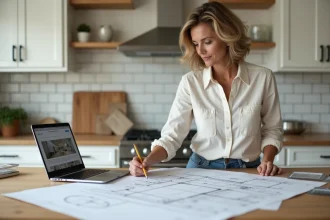 Femme consultant des plans de rénovation maison sur un îlot de cuisine avec laptop et échantillons de matériaux