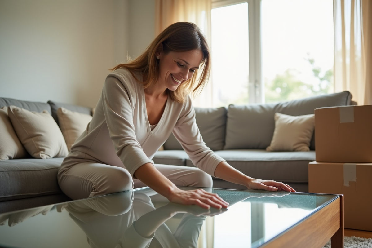 Femme posant des protections sur une table en verre dans un appartement