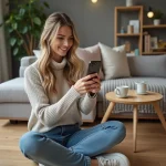 Femme souriante utilisant une application AR pour décorer son salon