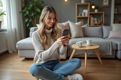 Femme souriante utilisant une application AR pour décorer son salon