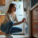 Femme examinant le ventilo du frigo dans la cuisine