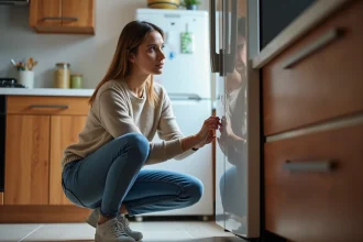 Femme examinant le ventilo du frigo dans la cuisine
