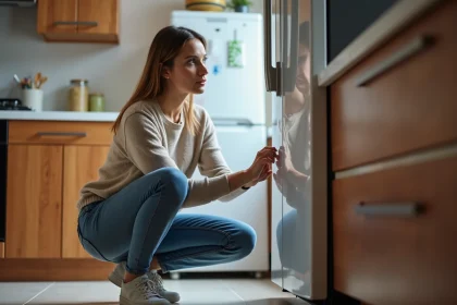 Femme examinant le ventilo du frigo dans la cuisine