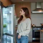 Femme comparant deux réfrigérateurs dans une cuisine moderne