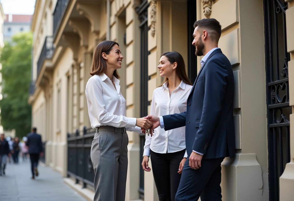 Femme donnant des clés à un couple devant un immeuble parisien
