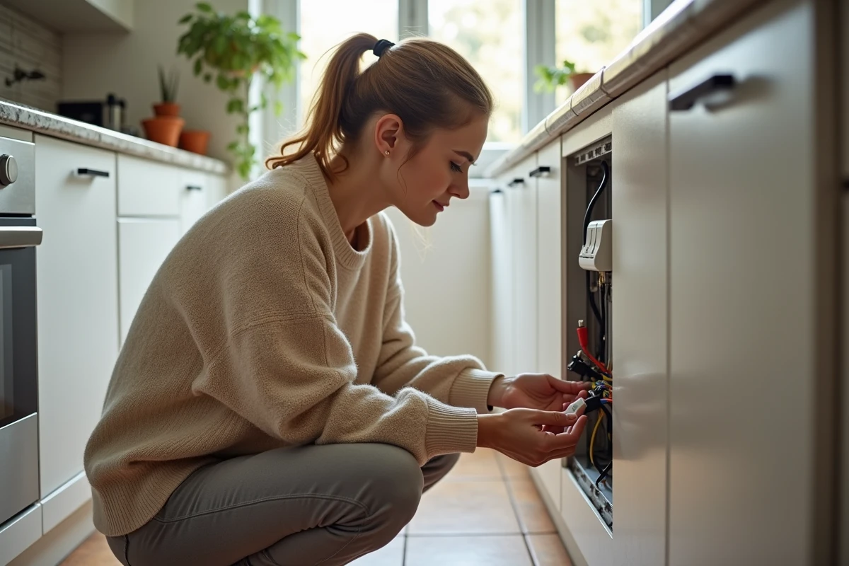 Jeune femme inspectant une prise électrique dans la cuisine