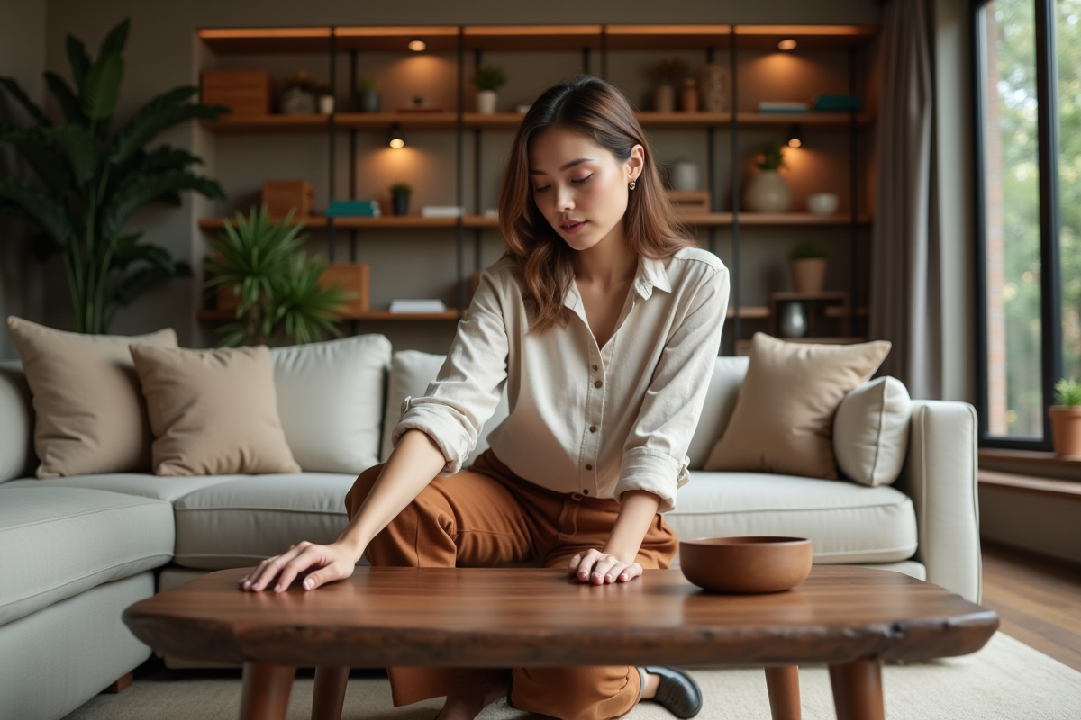 Femme admirant une table en noyer dans un salon moderne