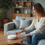 Femme utilisant un hub domotique dans un salon moderne