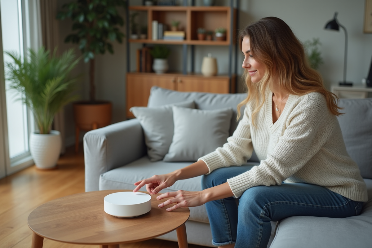 Femme utilisant un hub domotique dans un salon moderne