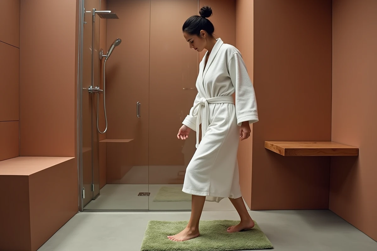 Femme en peignoir blanc sortant d'une douche italienne en carrelage terracotta et posant le pied sur un tapis antidérapant vert sauge