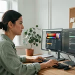 Femme en télétravail ajustant la température de couleur de ses écrans dans un bureau à domicile lumineux