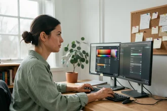 Femme en télétravail ajustant la température de couleur de ses écrans dans un bureau à domicile lumineux