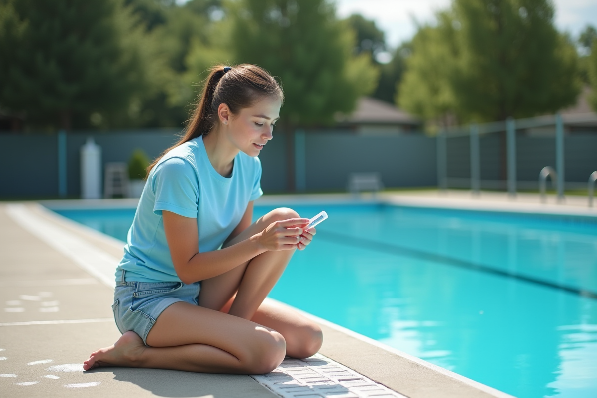 Jeune femme vérifiant le niveau de chlore dans la piscine