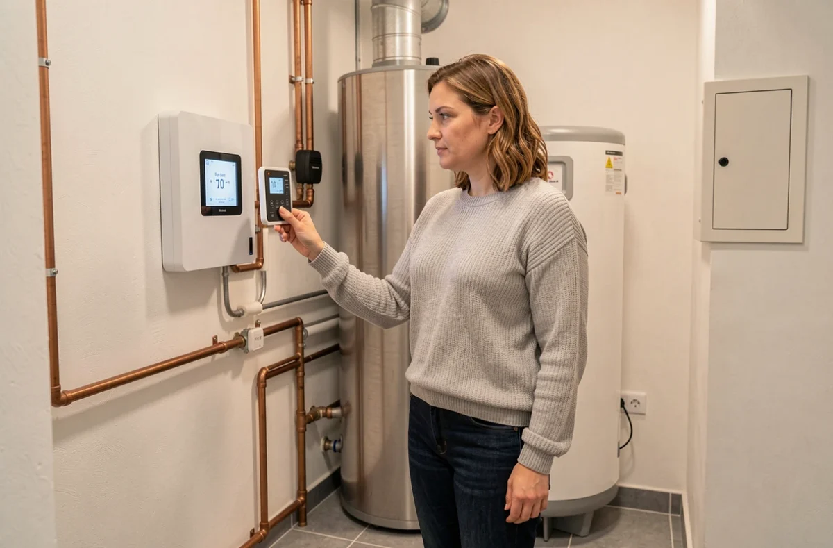 Femme consultant le thermostat d'une pompe à chaleur air-eau dans une chaufferie intérieure moderne