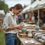 Femme organisant des objets vintage sur un stand de vide-grenier en plein air à Caen, préparant sa vente de seconde main