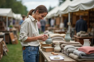 Femme organisant des objets vintage sur un stand de vide-grenier en plein air à Caen, préparant sa vente de seconde main