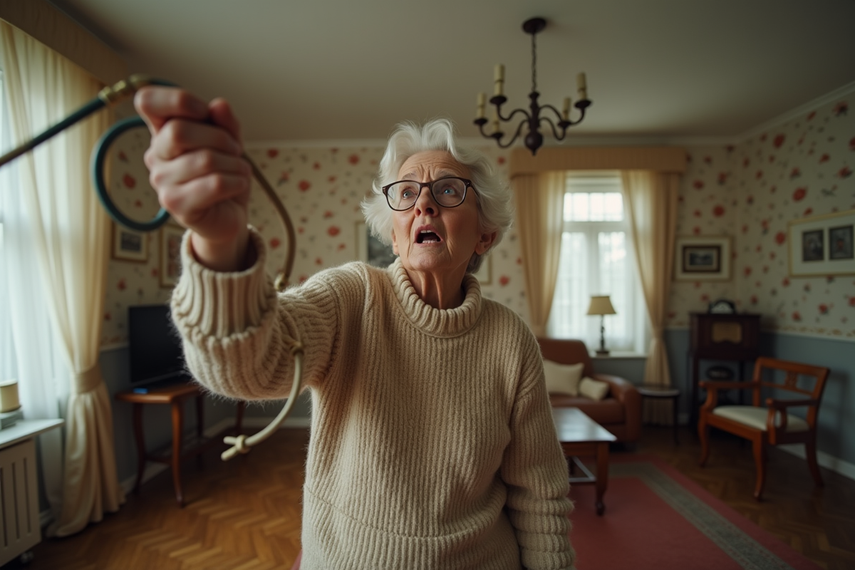 Femme âgée découvrant un fil électrique ancien dans son salon