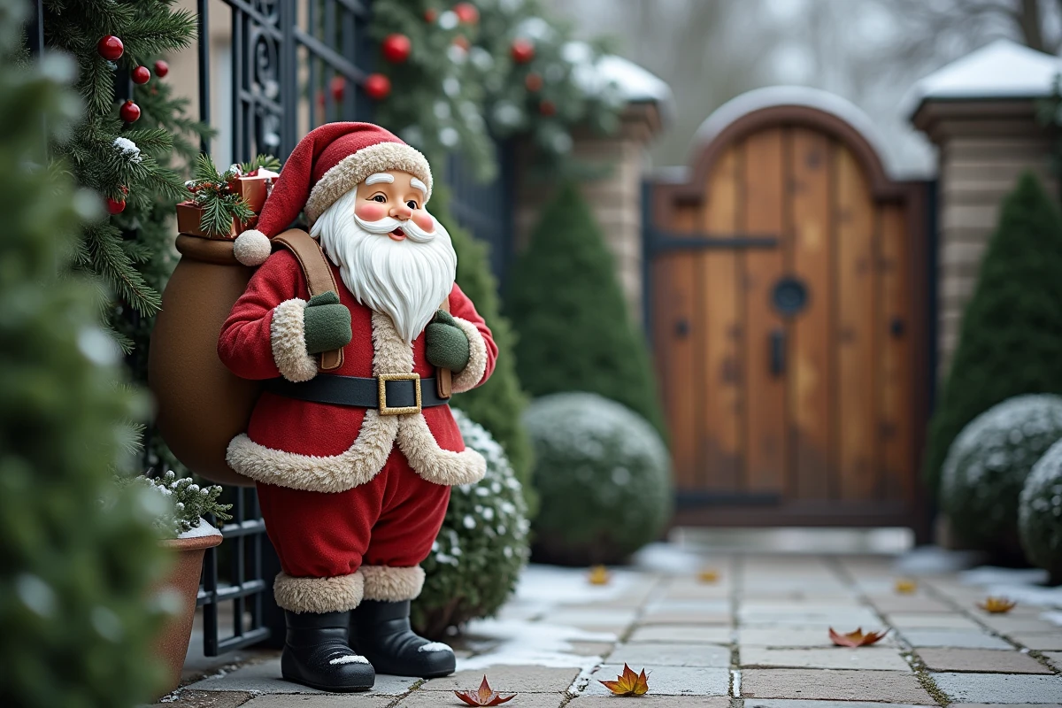Figurine père Noël décorative en résine installée près d'un portail en bois dans un jardin hivernal