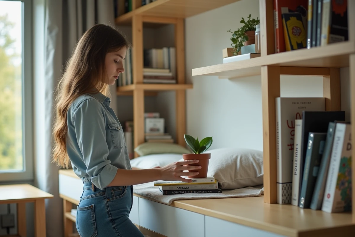 Jeune femme range ses livres dans une étagère dans sa chambre