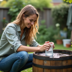 Femme filtrant l'eau de pluie dans un jardin écologique