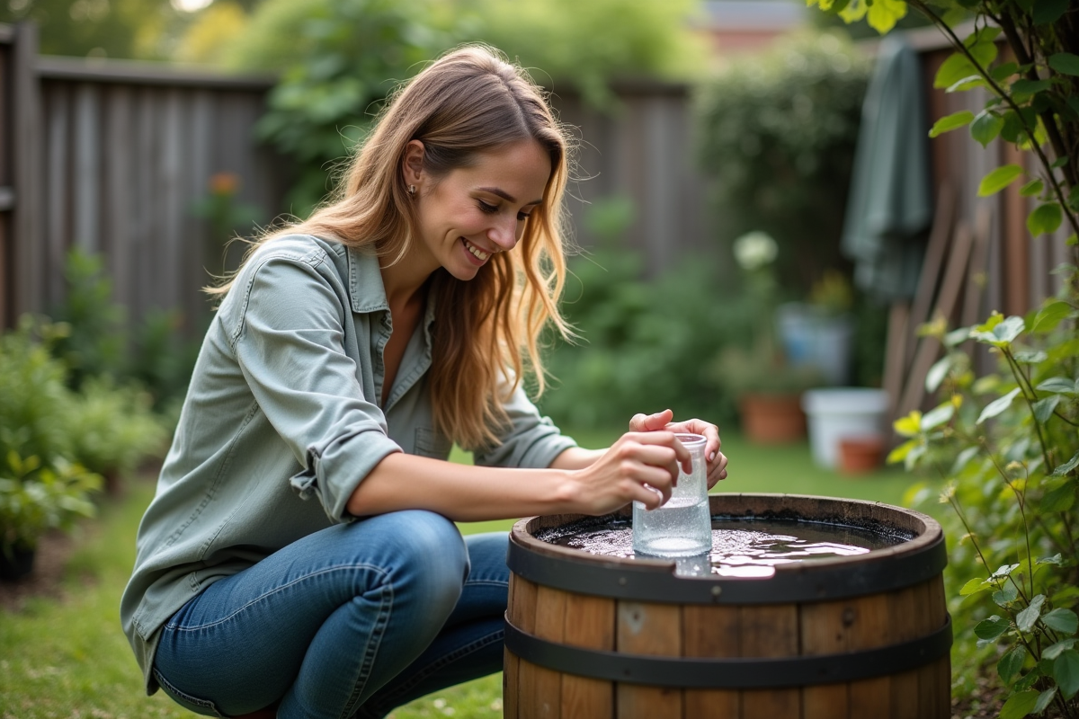 Femme filtrant l'eau de pluie dans un jardin écologique