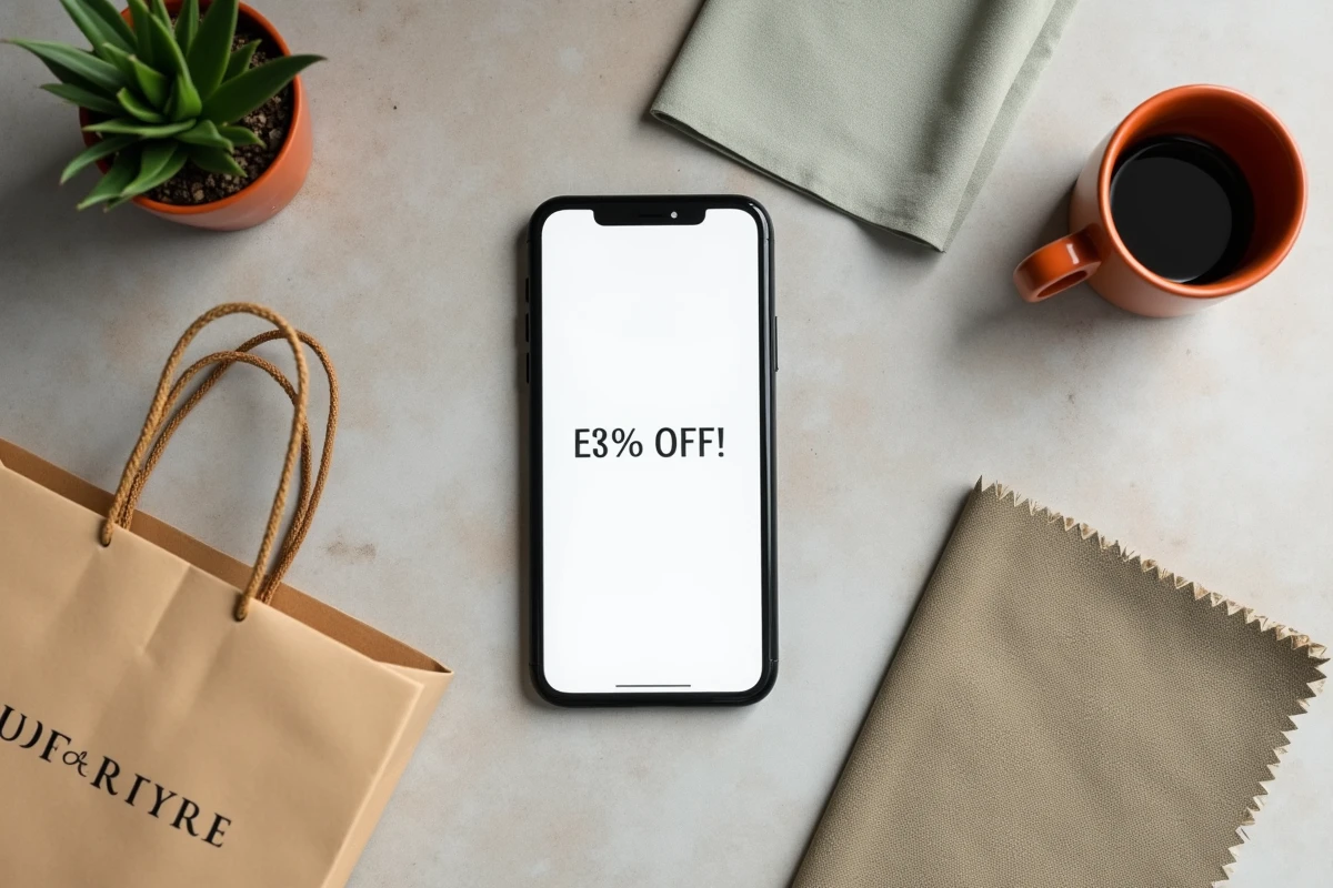 Flat-lay minimaliste d'un smartphone affichant un code promo avec des accessoires de décoration intérieure style Sklum