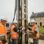 Équipe de techniciens opérant une foreuse verticale pour géothermie sur un terrain résidentiel en France