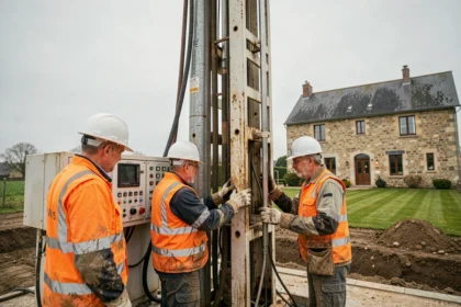 Équipe de techniciens opérant une foreuse verticale pour géothermie sur un terrain résidentiel en France
