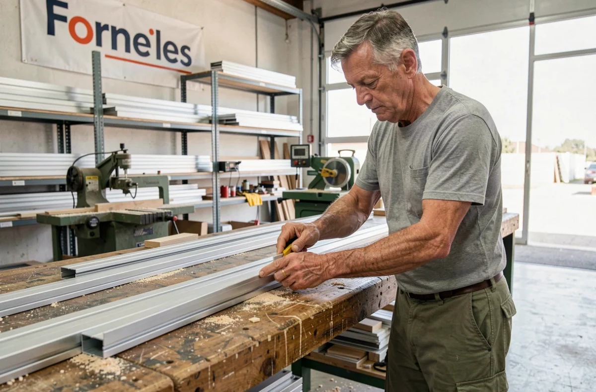 Artisan de Fornieles mesurant et découpant un profilé aluminium dans un atelier de menuiserie bien organisé