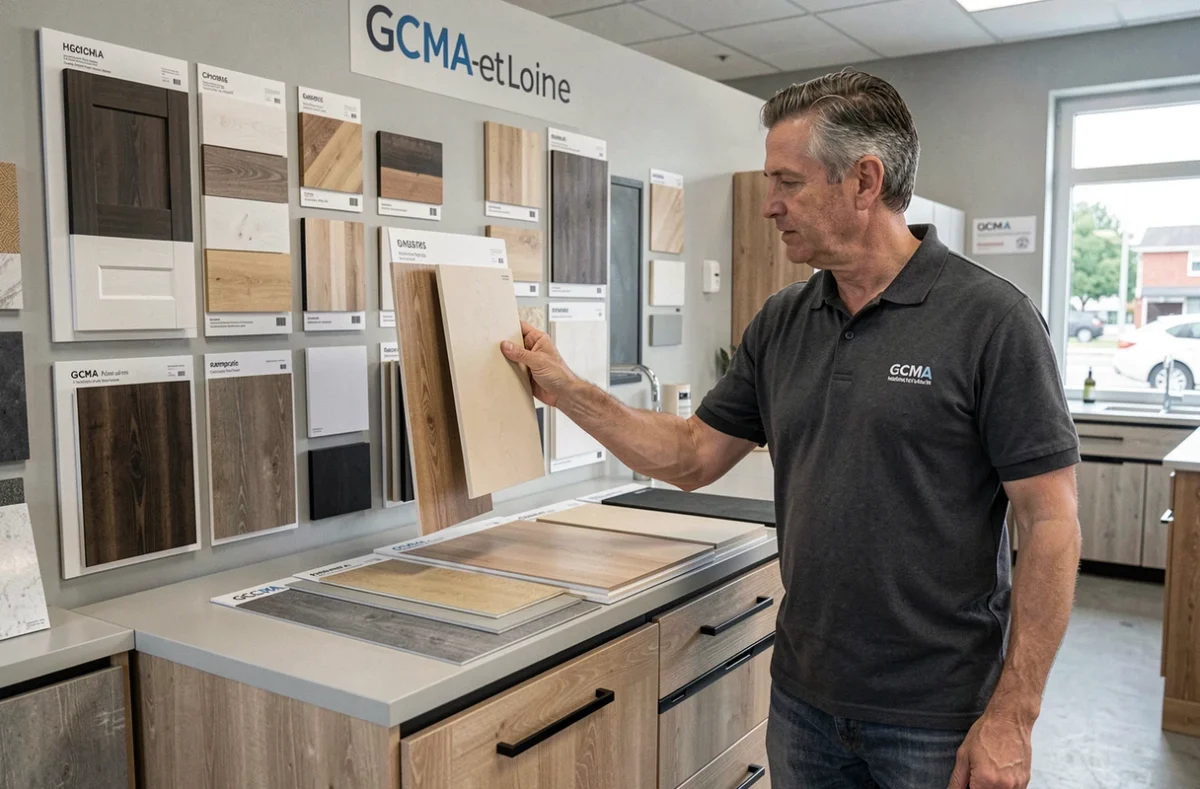 Professionnel examinant des échantillons de portes de cuisine dans le showroom professionnel GCMA en Maine-et-Loire