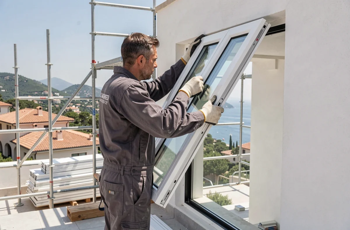 Vitrier de Genesius positionnant une grande fenêtre triple vitrage sur un immeuble résidentiel moderne dans les hauteurs au-dessus de Monaco