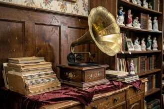 Gramophone ancien avec pavillon en laiton ornementé posé dans une boutique d'antiquités, entouré de disques en shellac et de mobilier ancien