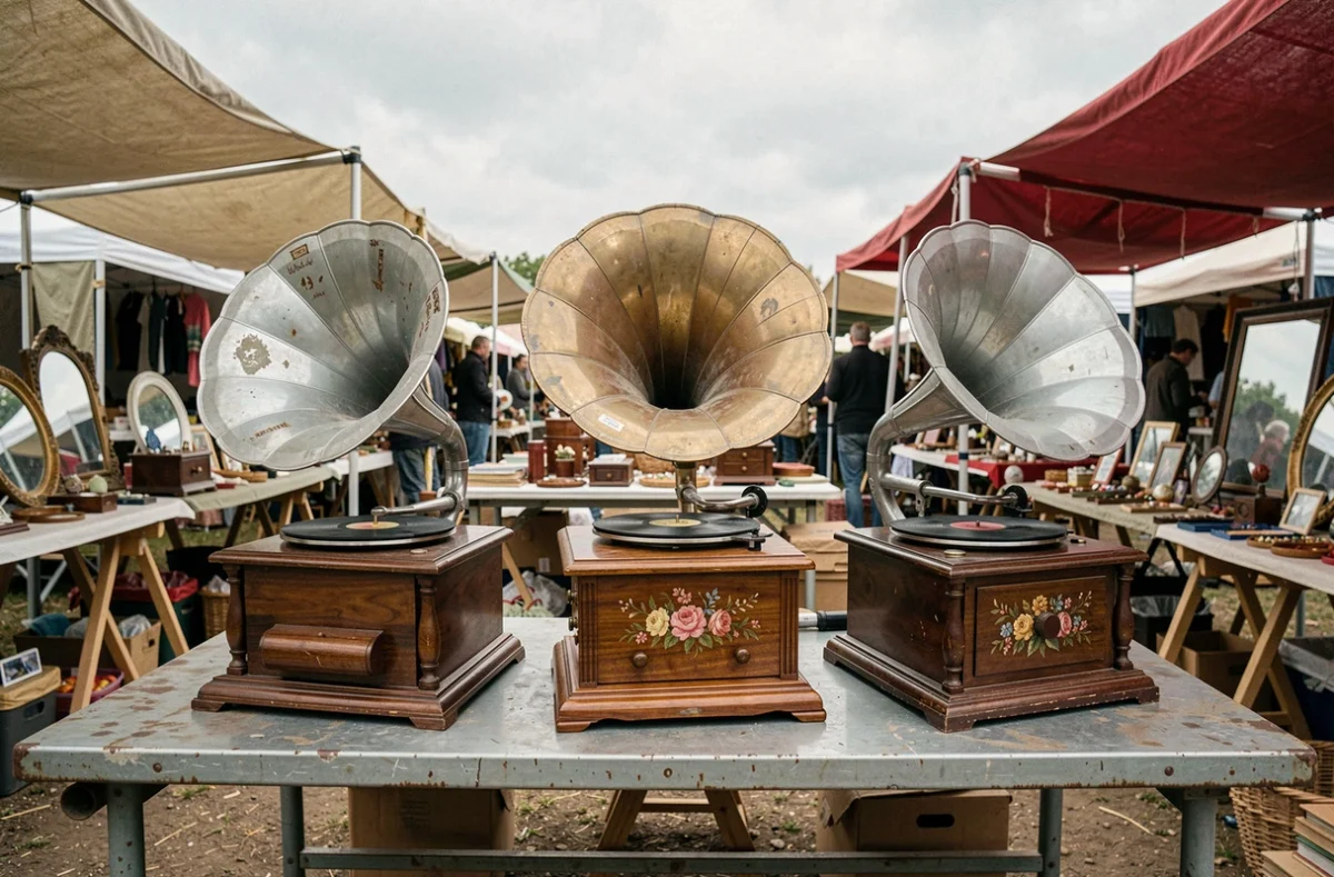 Trois gramophones anciens de différentes époques exposés côte à côte sur un marché aux puces en plein air