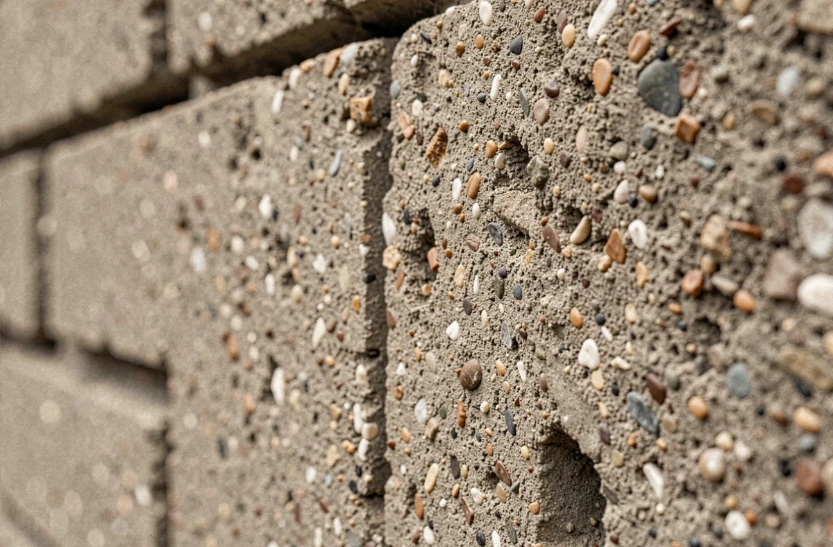 Gros plan sur la surface d'un bloc de mur en Terrasto montrant la texture agrégat minéral et les joints de mortier, détail matière réaliste