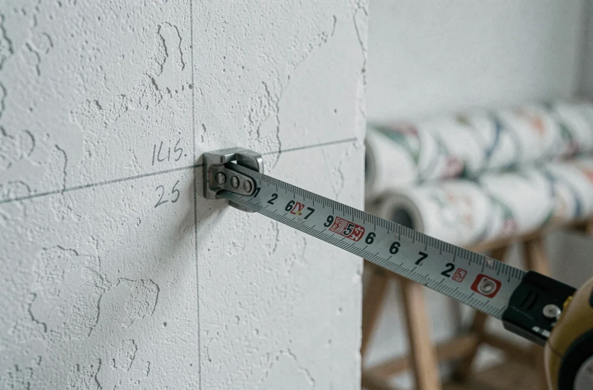 Gros plan d'un mètre ruban accroché à un angle de mur avec des repères au crayon pour calculer la superficie avant pose de revêtement