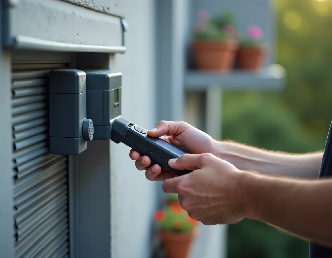 Gros plan sur les mains manipulant la télécommande et le bouton de réinitialisation d'un volet roulant solaire sur balcon