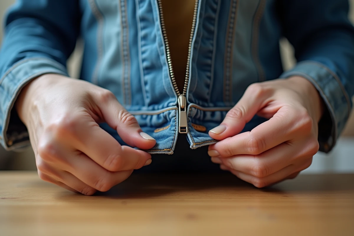 Gros plan de mains réparant une fermeture éclair désalignée en bas d'une veste en jean