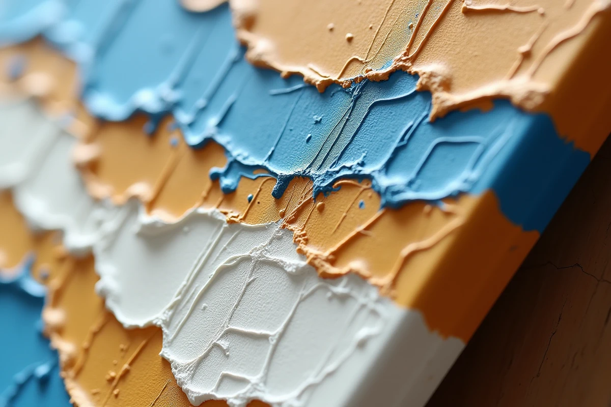 Gros plan sur la texture en relief d'un tableau de couleur personnalisé avec des coups de pinceau en pâte épaisse