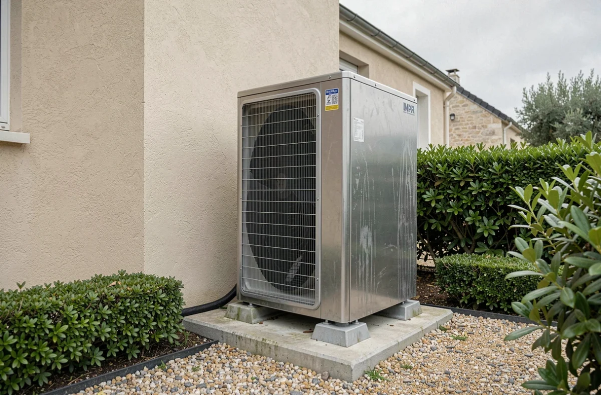 Groupe extérieur d'une pompe à chaleur air-air installé sur dalle béton contre le mur d'une maison individuelle en France avec jardin en arrière-plan
