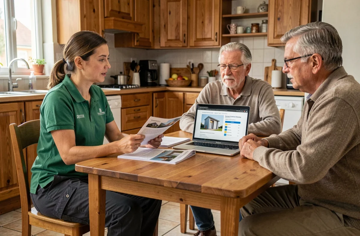 Conseillère Habitat Confort Énergie en consultation à domicile avec un couple dans leur maison de l'Essonne