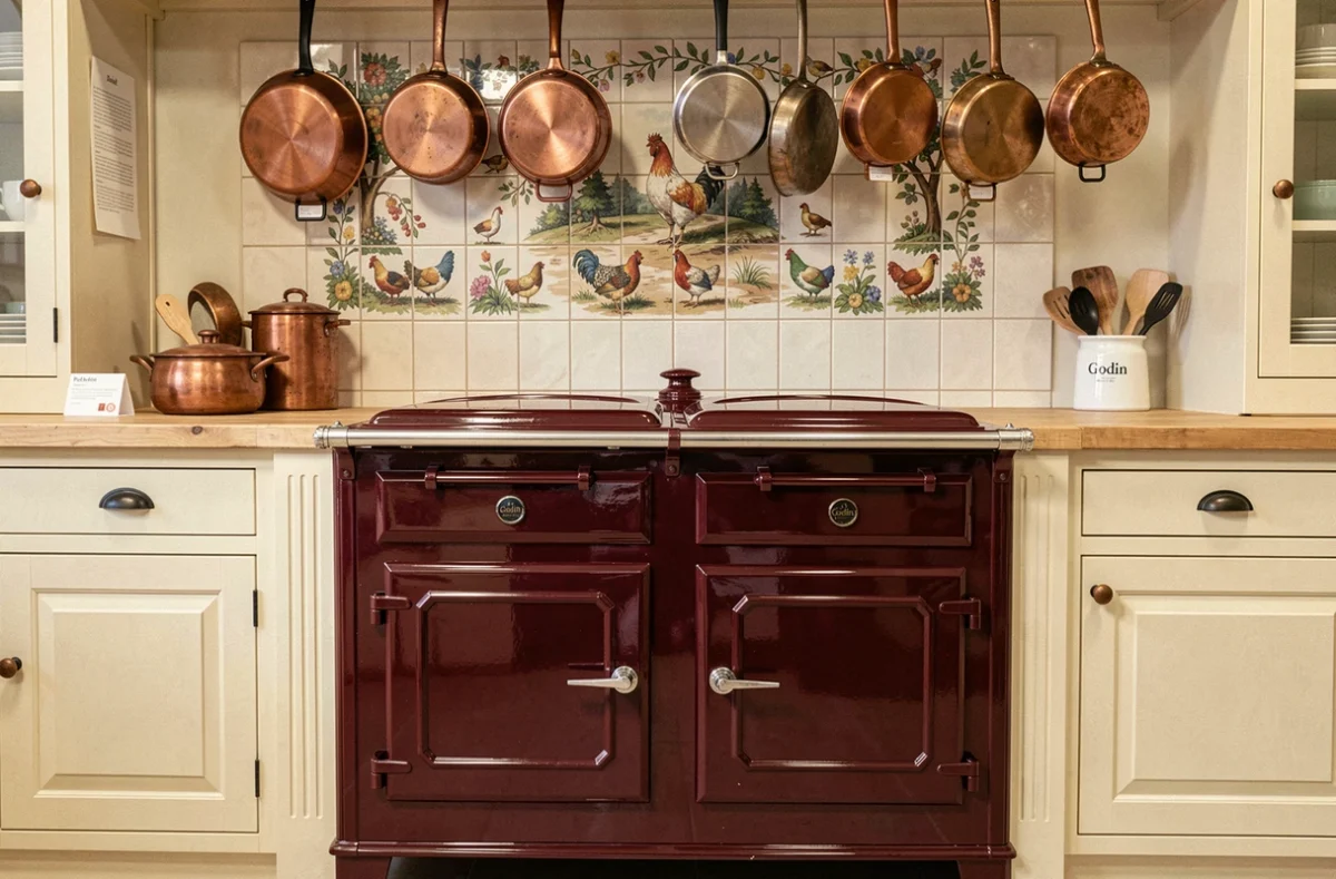 Cuisinière Godin en fonte émaillée bordeaux dans un décor de cuisine campagnarde chez Hexa Poêles à Beaucouzé