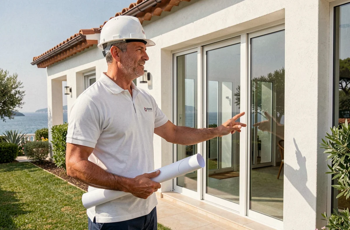 Chef de projet de Home Concept Riviera devant une villa de luxe rénovée avec de grandes fenêtres panoramiques en PVC sur la Côte d'Azur
