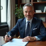 Homme d'affaires signant un contrat immobilier dans un bureau moderne