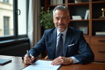 Homme d'affaires signant un contrat immobilier dans un bureau moderne