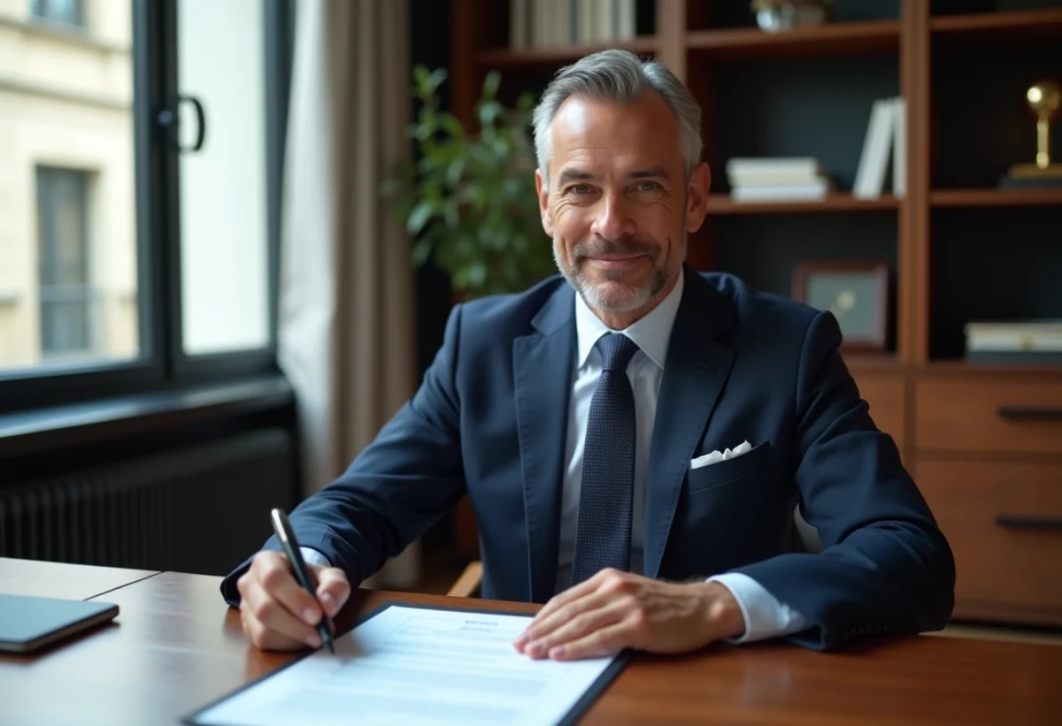 Homme d'affaires signant un contrat immobilier dans un bureau moderne