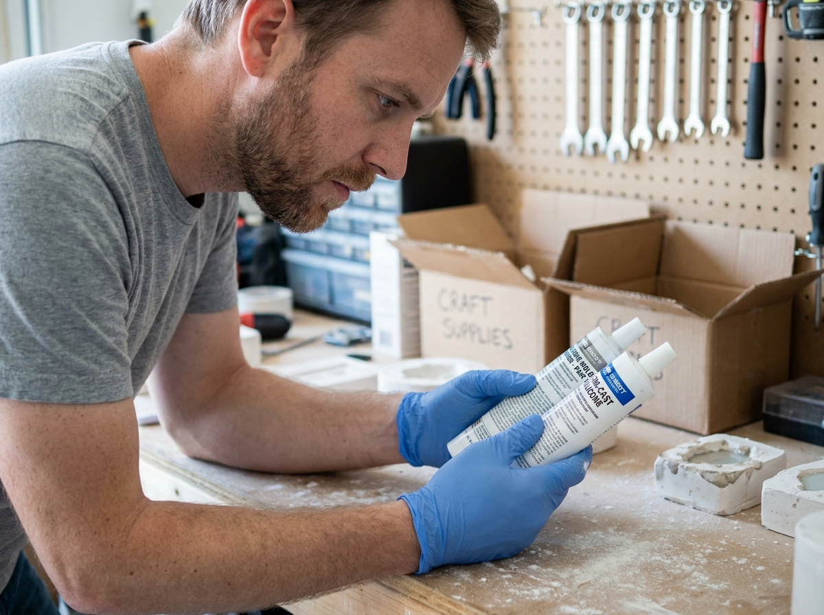 Homme en gants de protection comparant deux tubes de silicone dans un atelier de bricolage maison, entouré de moules décoratifs et d'outils