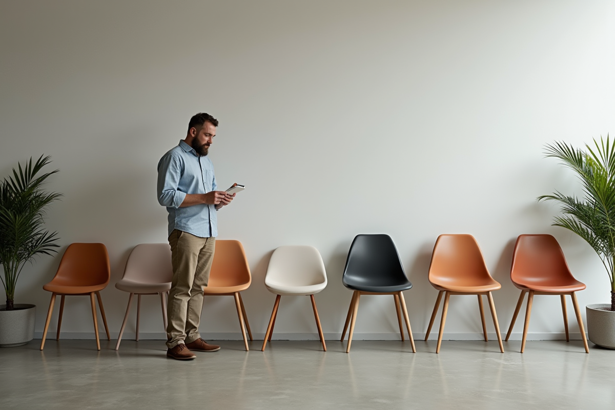 Homme middleaged comparant la taille de différentes chaises en showroom